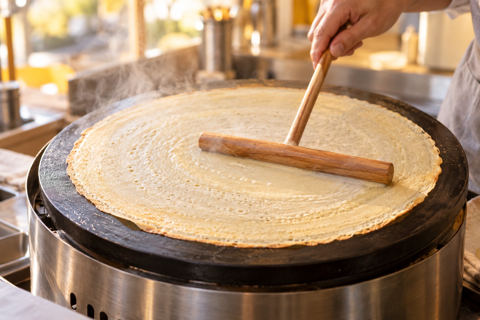 丸いクレープ焼き機で生地を焼いている生成イメージ